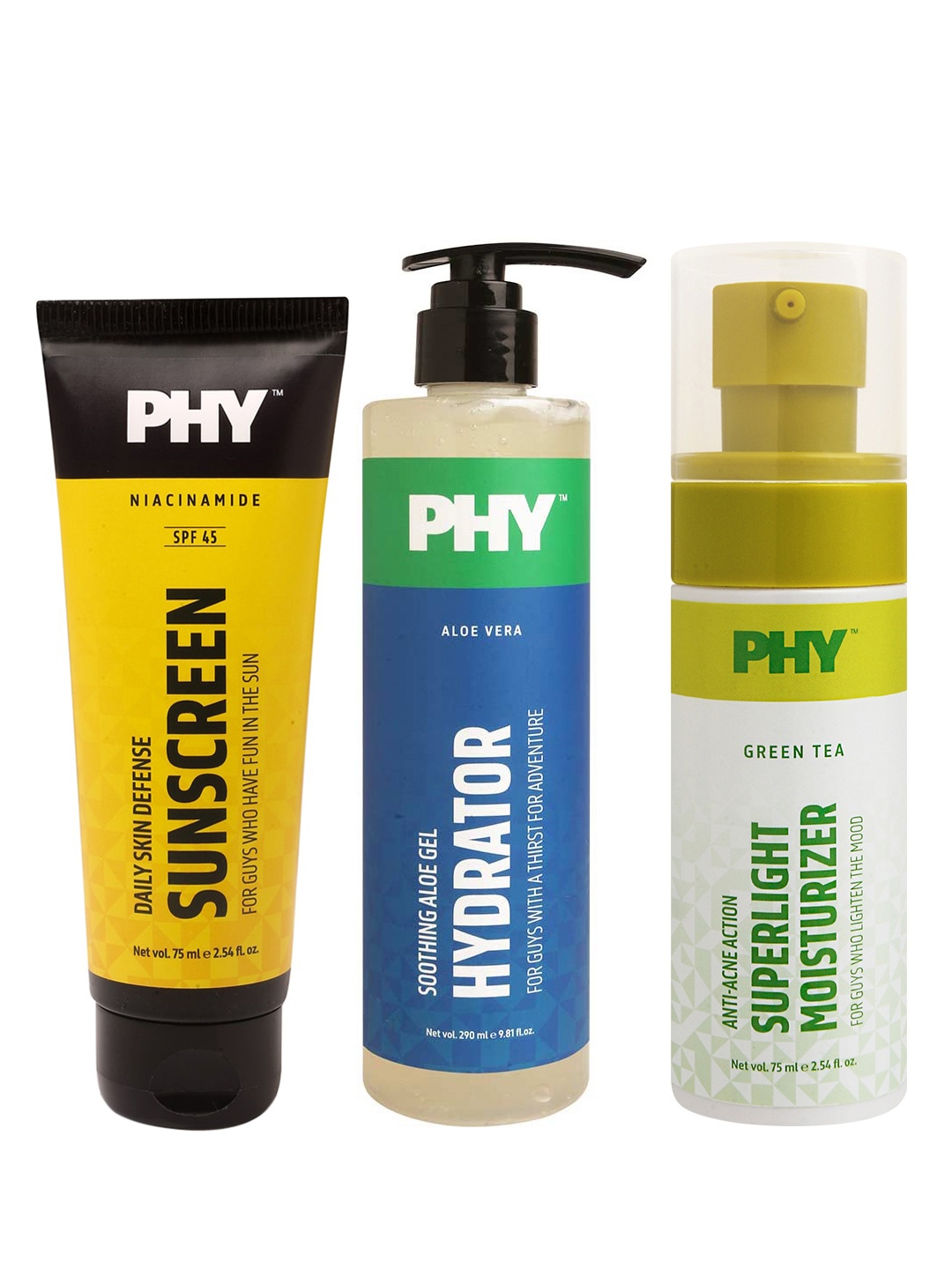

Phy Men Set of Green Tea Superlight Moisturizer-Aloe Gel Hydrator-Skin Defense Sunscreen, Yellow
