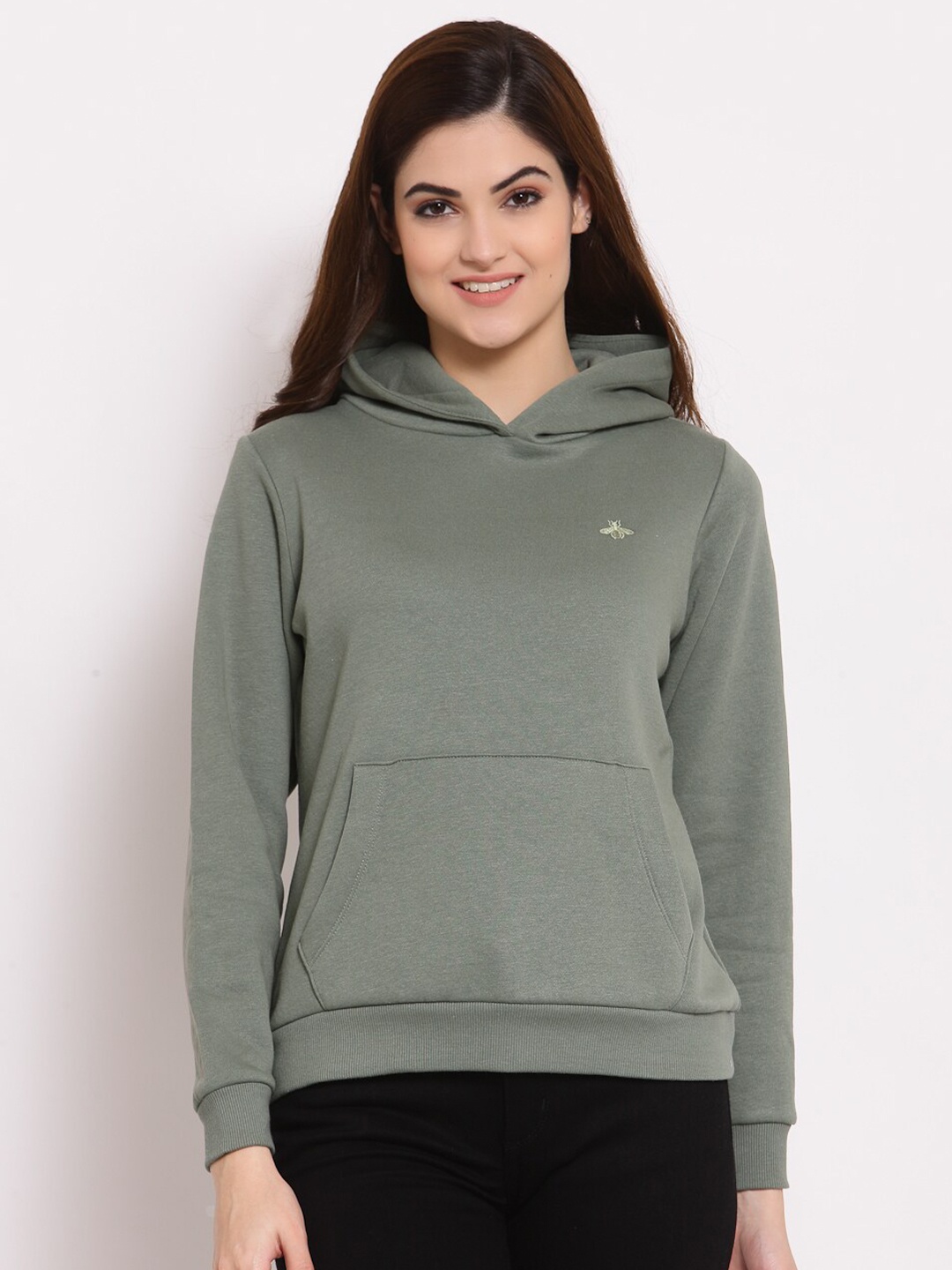 

Mode by Red Tape Women Olive Solid Hooded Sweatshirt