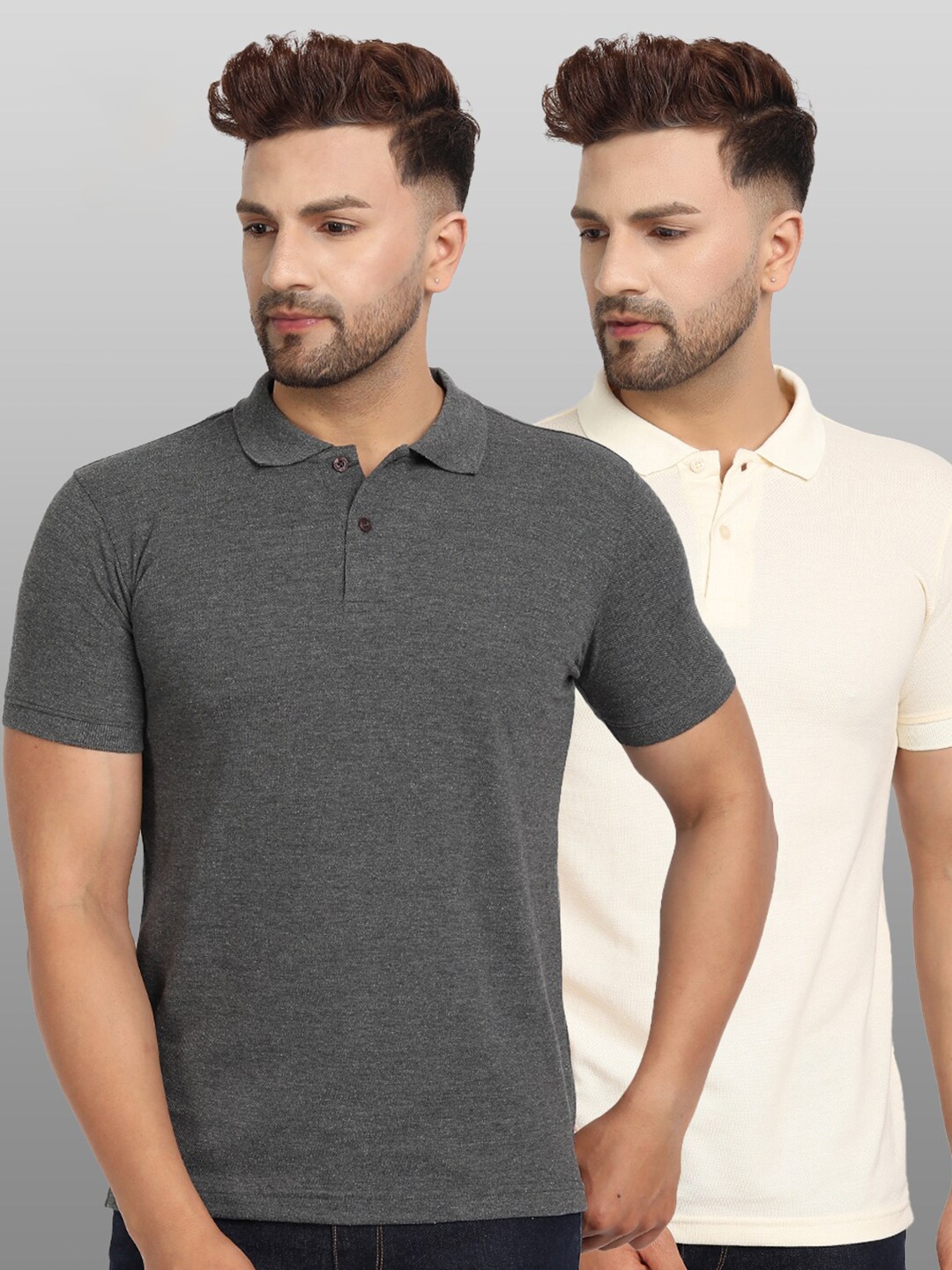 

BE AWARA Men Pack Of 2 Charcoal & Off White Solid Polo Collar T-shirt