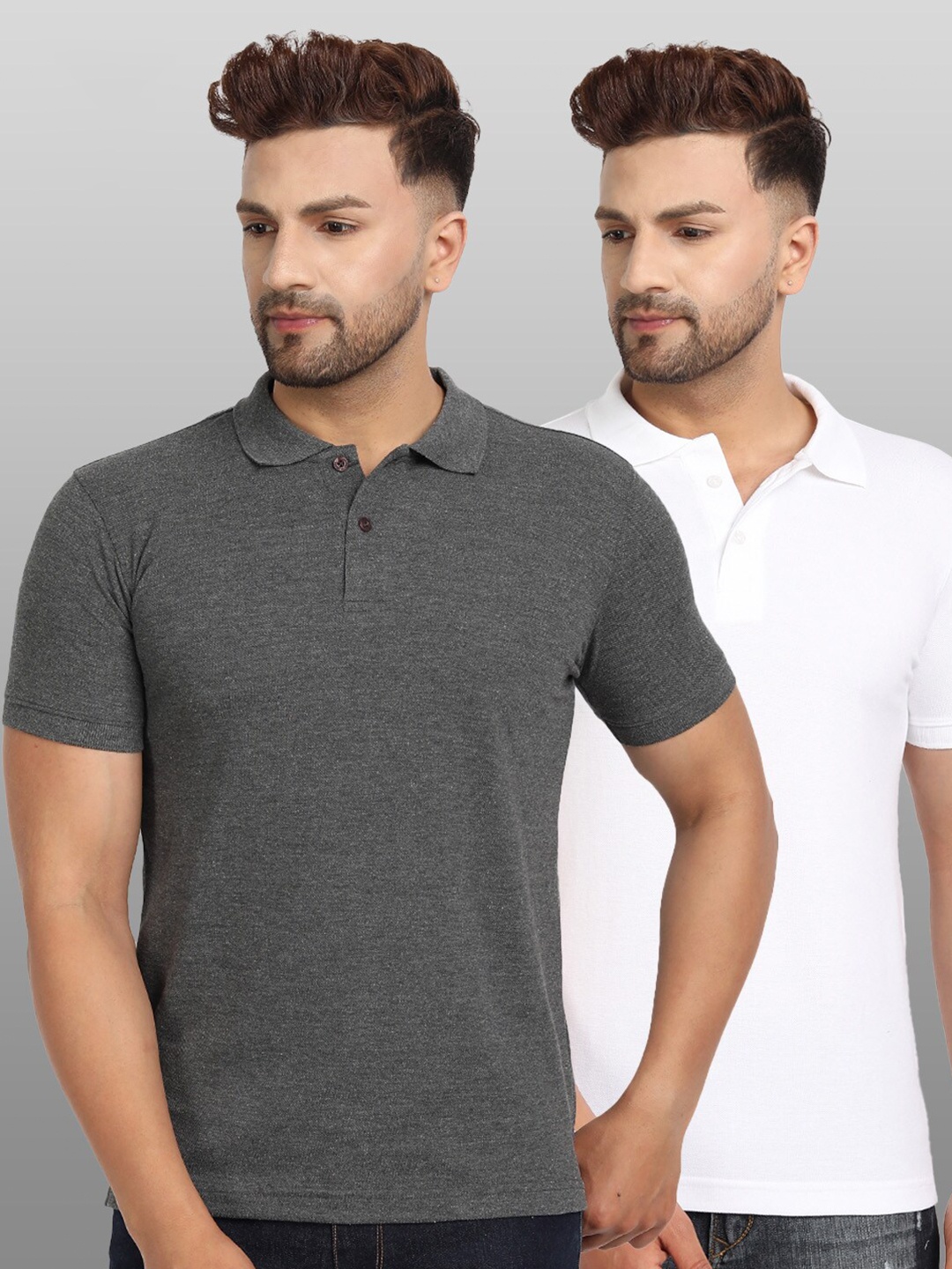 

BE AWARA Men Pack of 2 White & Charcoal Polo Collar T-shirt