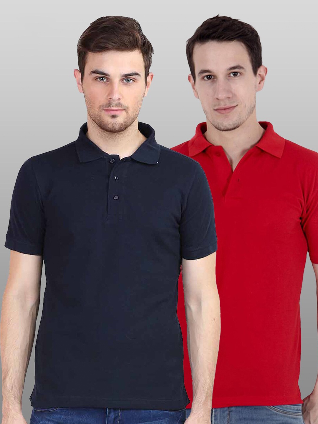 

BE AWARA Men Pack of 2 Red & Navy Blue Solid Polo Collar T-shirt