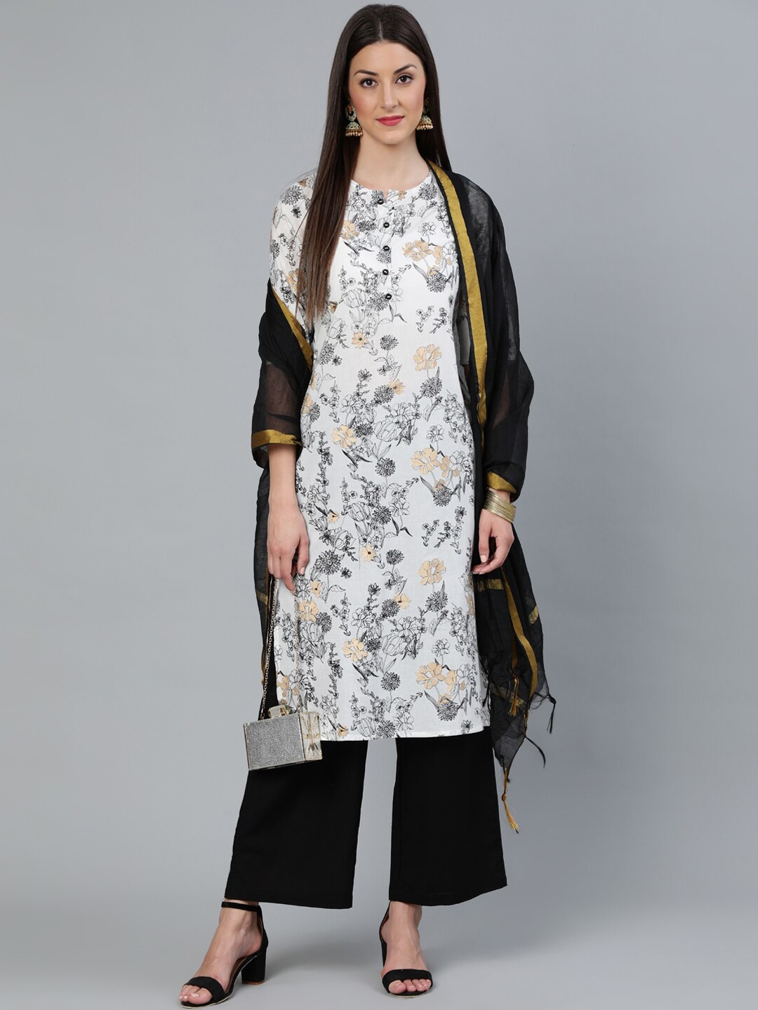 

AASI-HOUSE OF NAYO Off White Floral Printed Pure Cotton Kurta with Palazzo & Dupatta