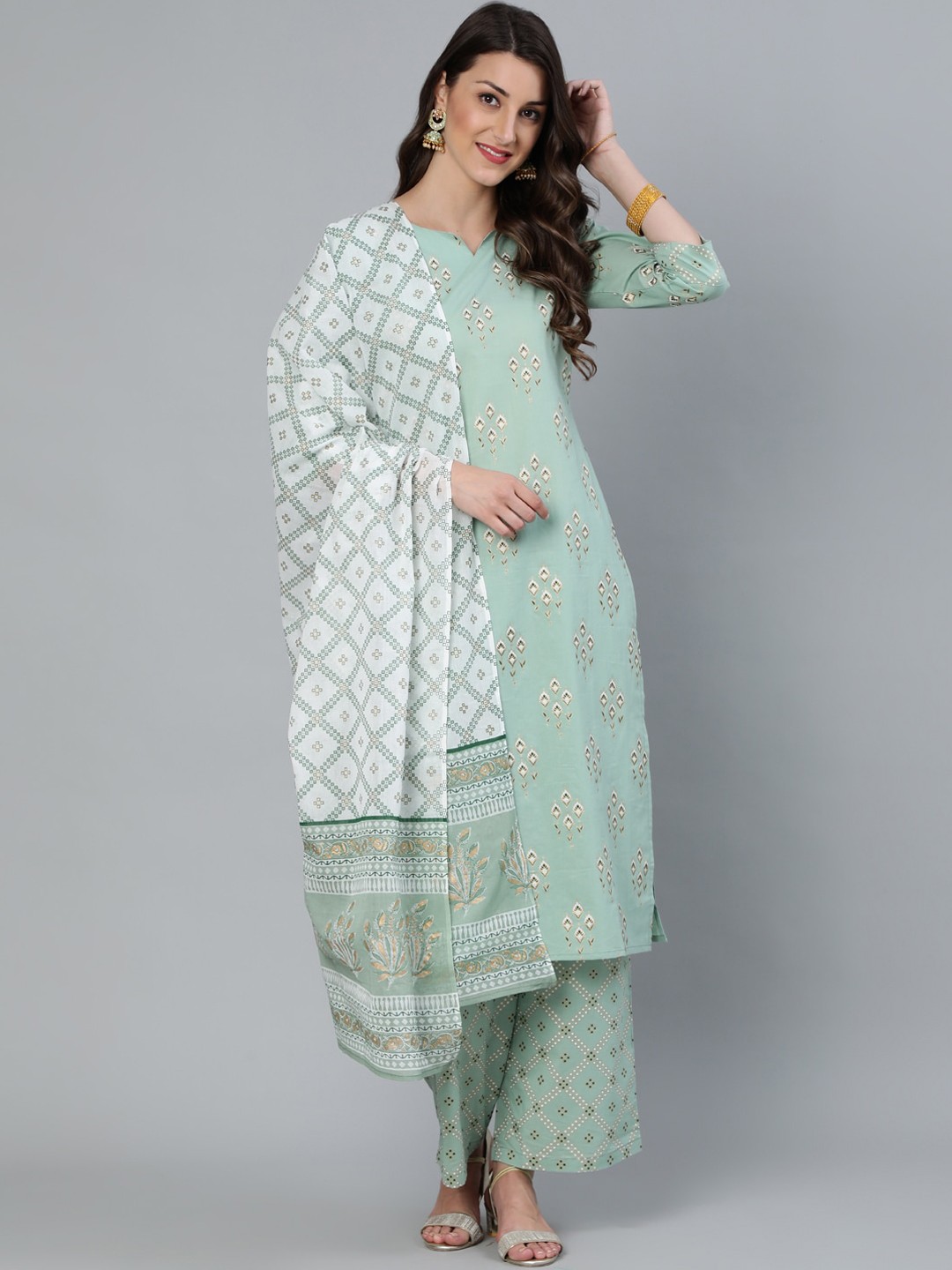 

AASI - HOUSE OF NAYO Green Ethnic Motifs Printed Pure Cotton Kurta with Palazzos & Dupatta