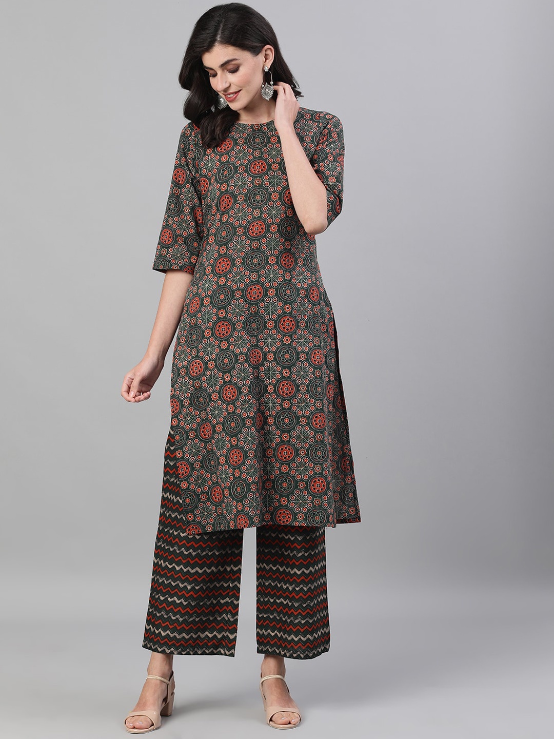 

AASI - HOUSE OF NAYO Women Green Ethnic Printed Regular Pure Cotton Kurta with Palazzo