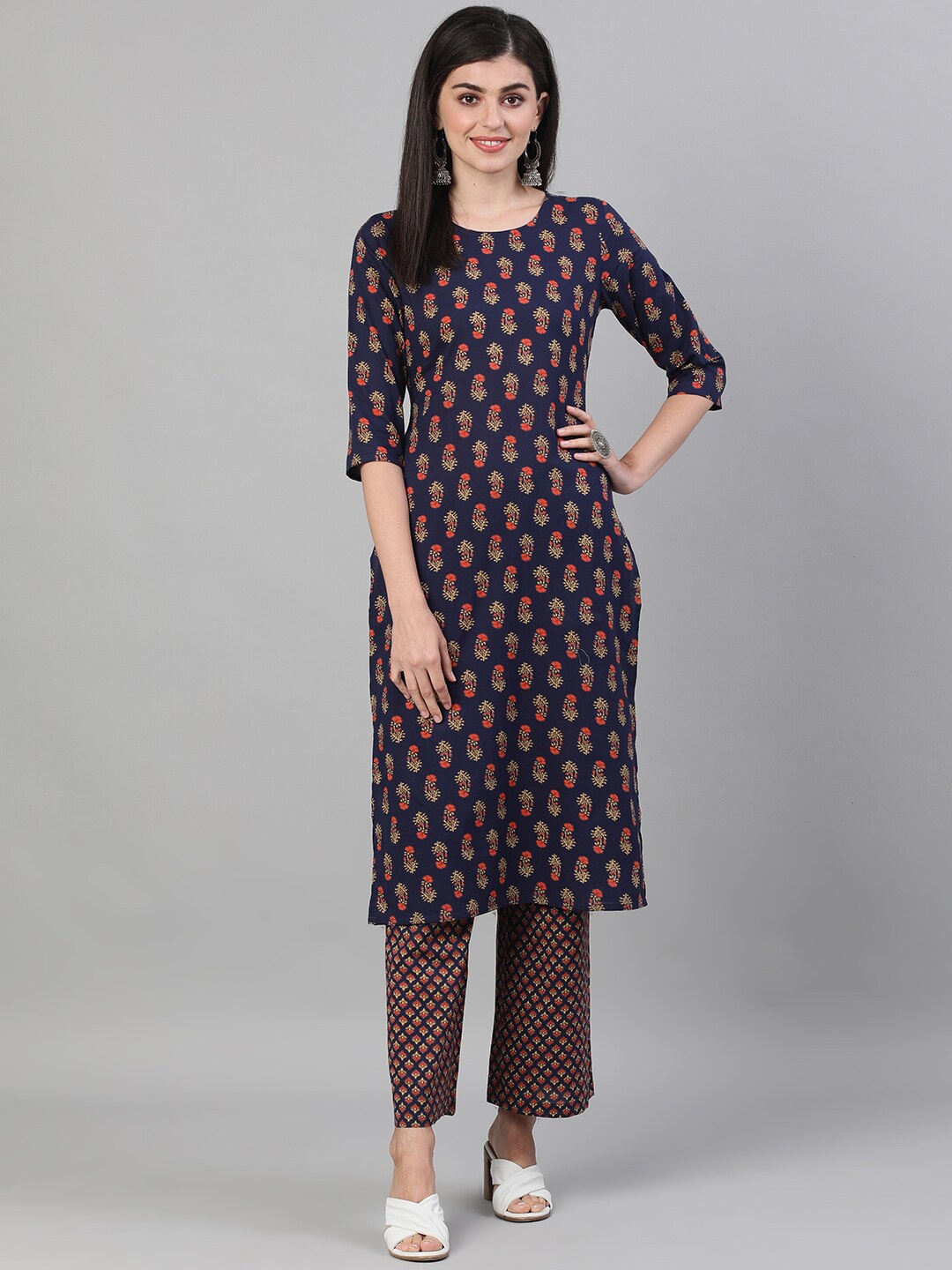 

AASI - HOUSE OF NAYO Women Navy Blue & Red Ethnic Motifs Pure Cotton Kurta & Palazzos