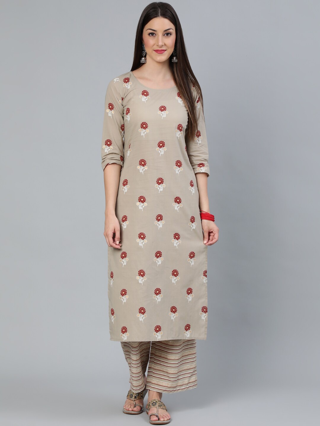 

AASI - HOUSE OF NAYO Women Beige Printed Regular Pure Cotton Kurta with Palazzos