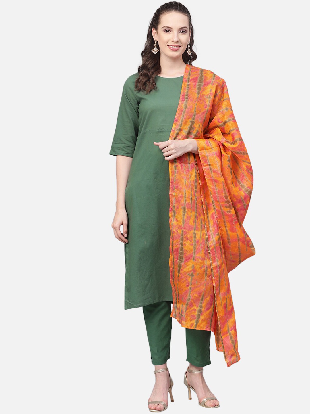 

AASI - HOUSE OF NAYO Women Green Regular Pure Cotton Kurti with Trousers & With Dupatta
