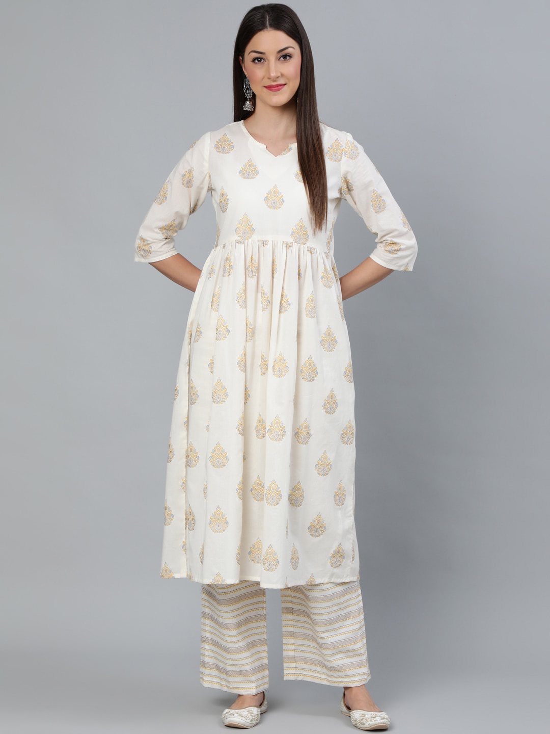 

AASI - HOUSE OF NAYO Women Cream-Coloured & Yellow Printed Pure Cotton Kurta with Palazzos