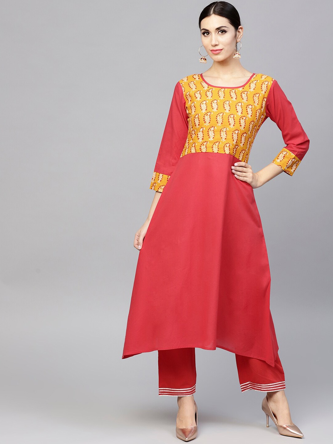 

AASI - HOUSE OF NAYO Women Red Yoke Design Regular Pure Cotton Kurta with Trousers