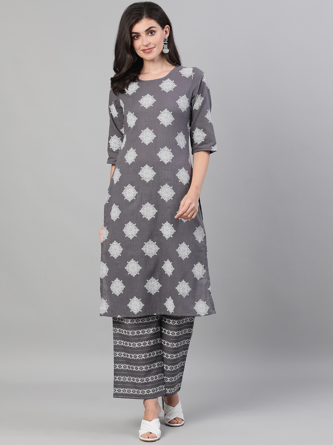 

AASI - HOUSE OF NAYO Women Grey Printed Pure Cotton Kurta with Palazzos
