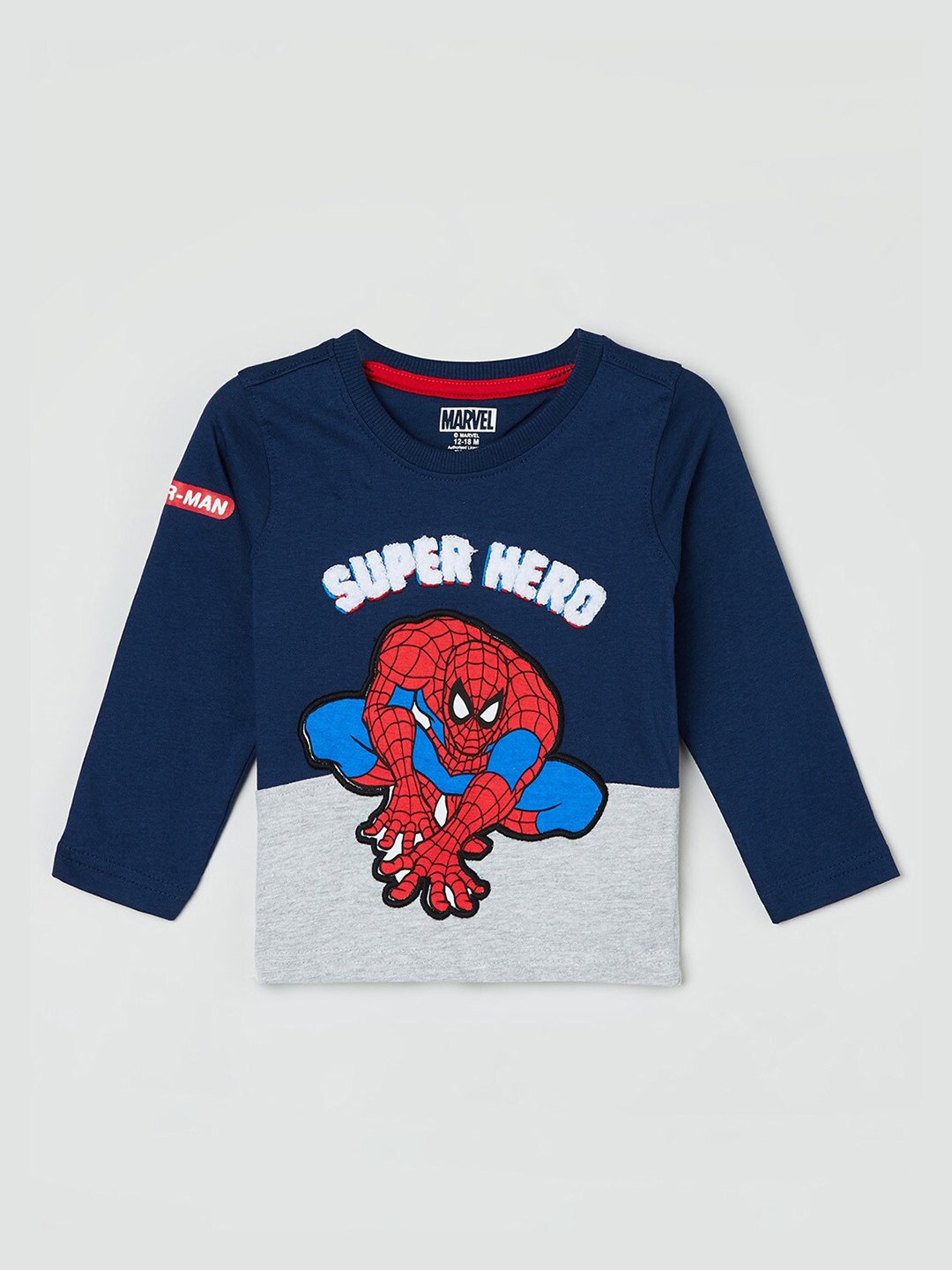 

max Boys Navy Blue & Grey Spider-Man Printed Applique Pure Cotton T-shirt
