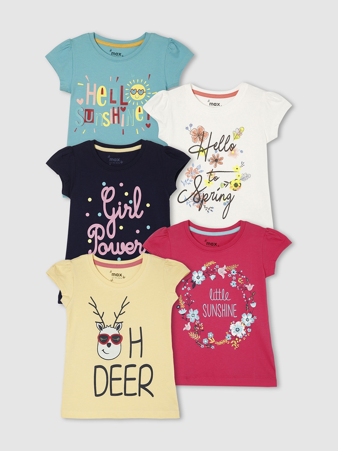 

max Girls Pack of 5 Typography Printed T-shirts, Blue