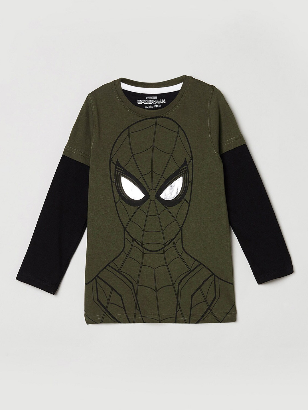 

max Boys Olive & Black Spider Man Printed Round NeckT-shirt