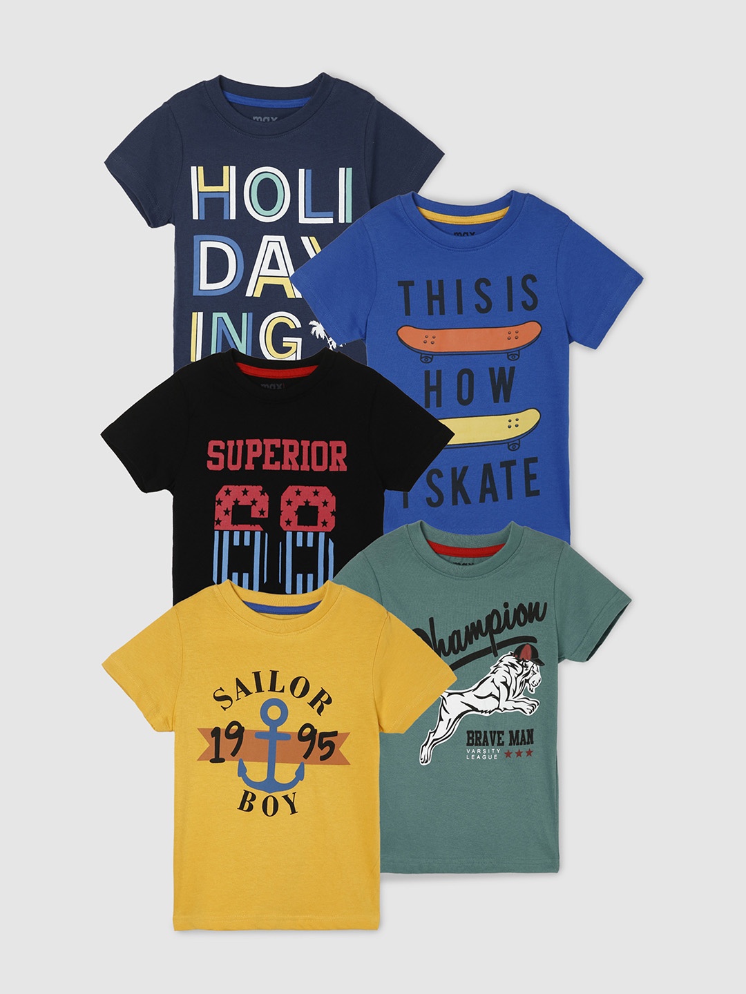 

max Boys Pack of 5 Printed Cotton T-shirts, Yellow