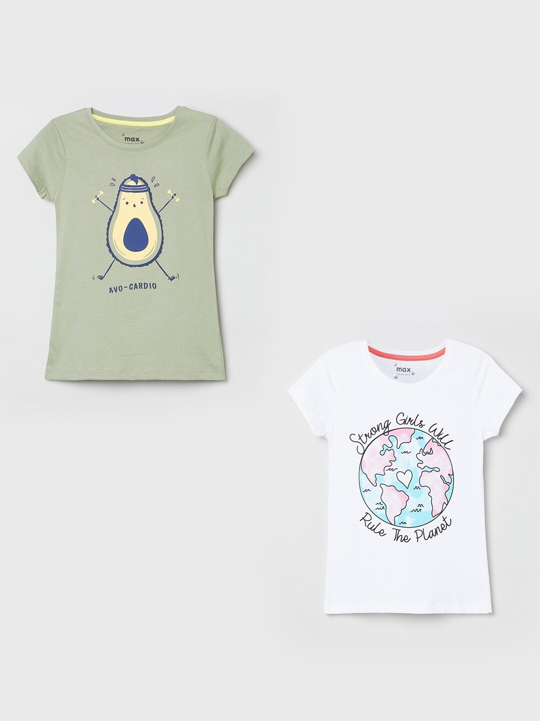 

max Girls Pack Of 2 Graphic Printed Pure Cotton T-shirt, White