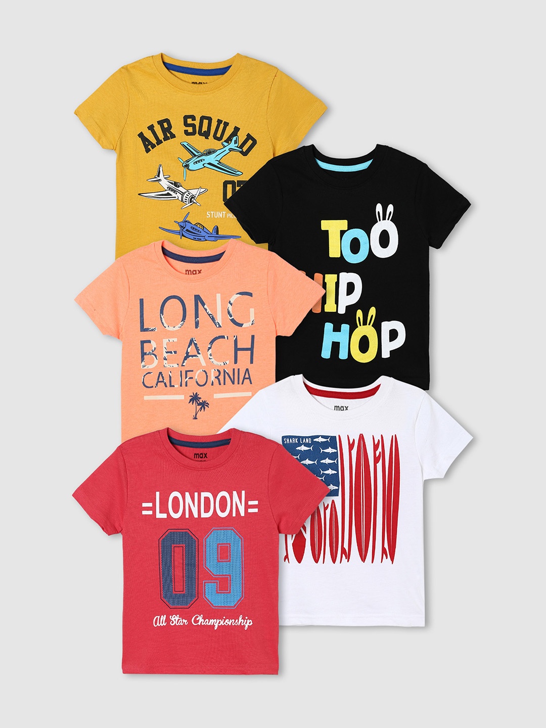 

max Boys Pack of 5 Printed Round Neck Cotton T-shirts, Multi