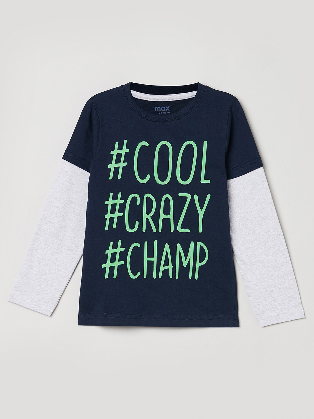 

max Boys Navy Blue & Green Typography Printed Pure Cotton T-shirt
