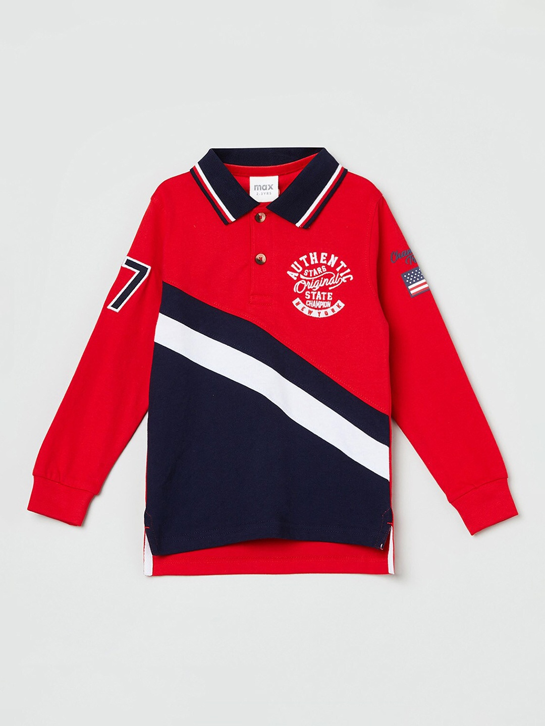 

max Boys Red & White Colourblocked Polo Collar Pure Cotton T-shirt