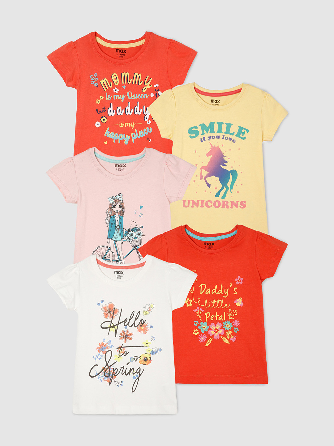 

max Girls Pack Of 5 Printed Pure Cotton T-shirt, Multi