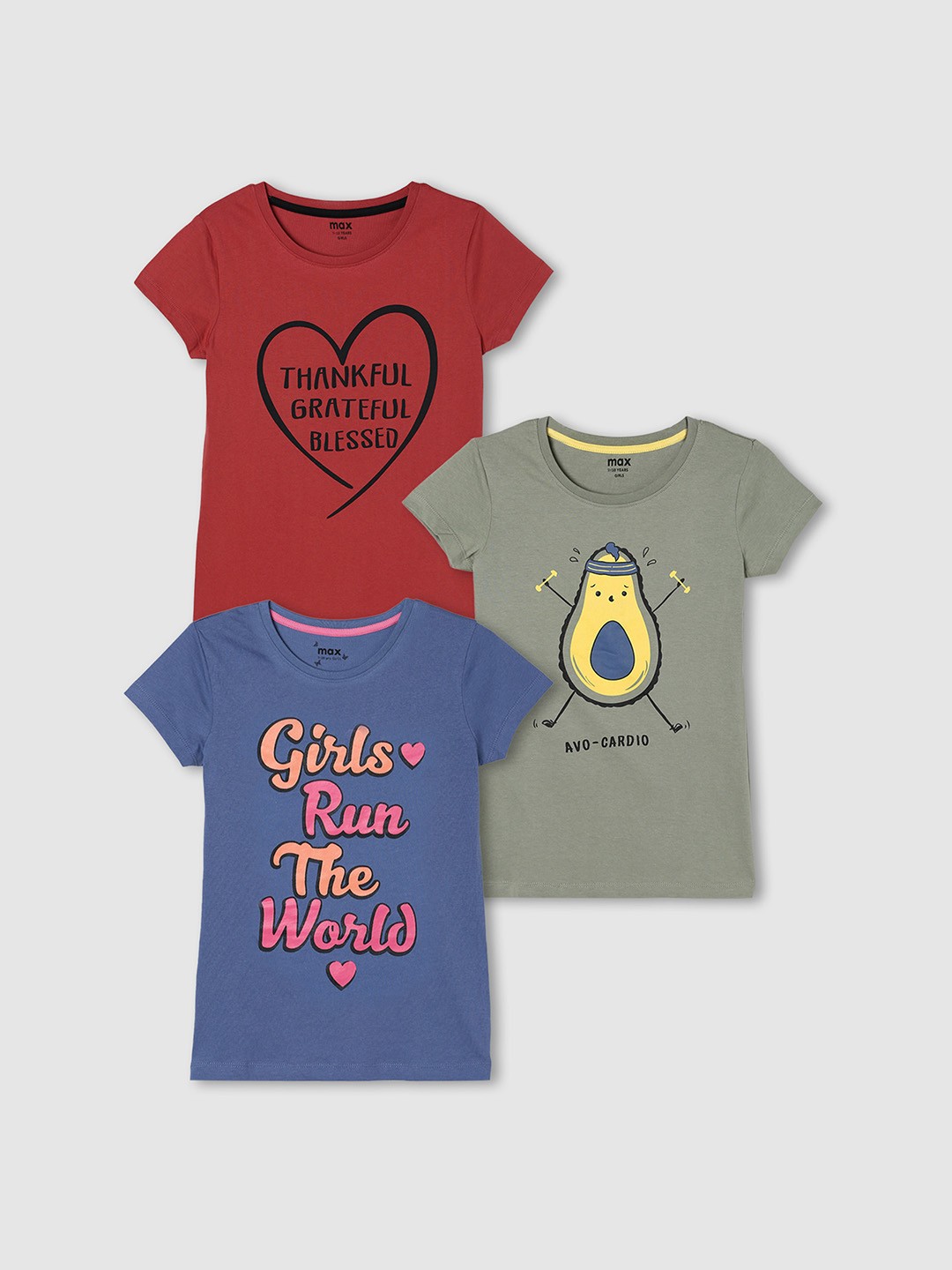

max Girls Pack Of 3 Red & Blue Printed Pure Cotton T-shirt
