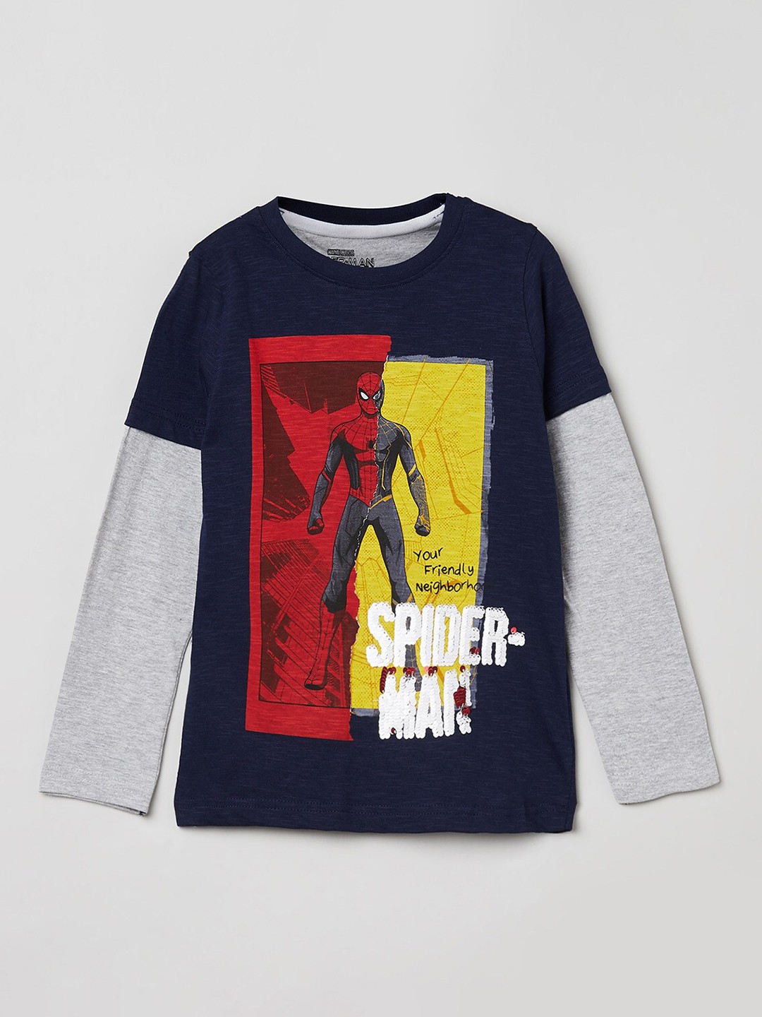 

max Boys Navy Blue & Grey Spiderman Printed T-shirt