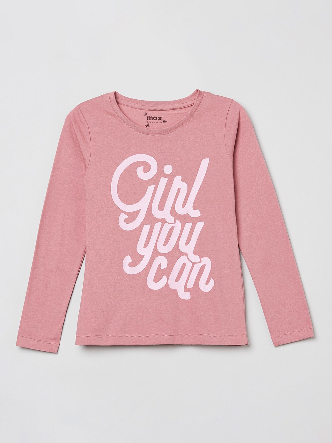 

max Girls Peach-Coloured Typography 7 Printed Applique T-shirt