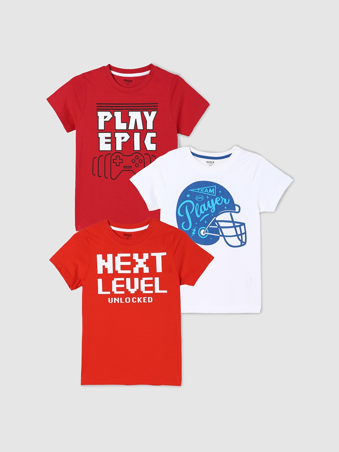

max Boys Red & White Pack of 3 Printed T-shirts