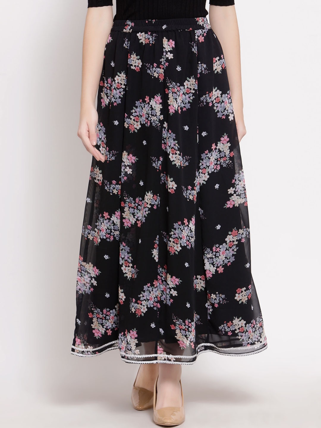 

Myshka Women Black Floral Printed Flared Skirt