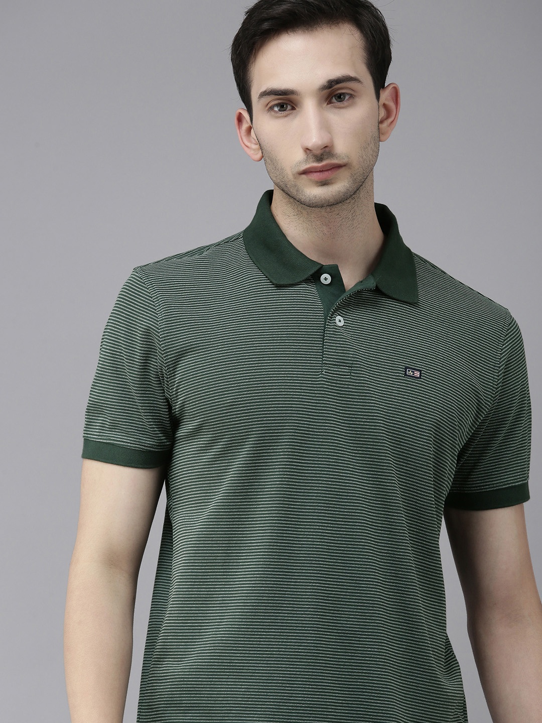 

Arrow Sport Men Green & White Striped Polo Collar T-shirt