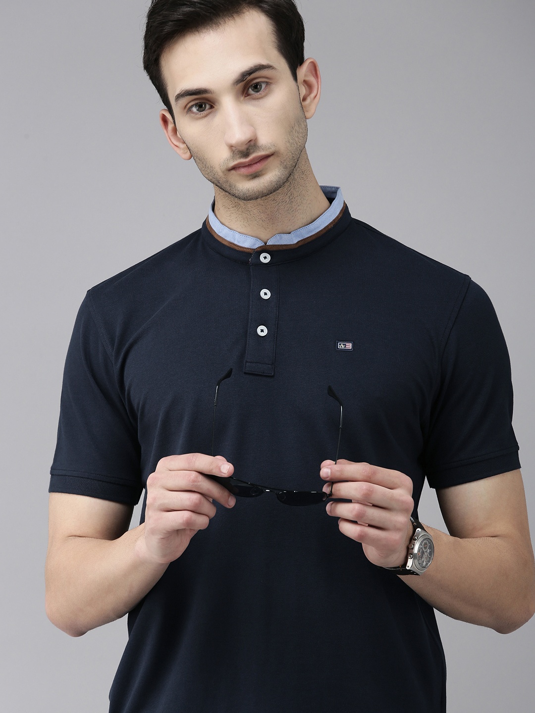 

Arrow Sport Men Navy Blue Mandarin Collar T-shirt