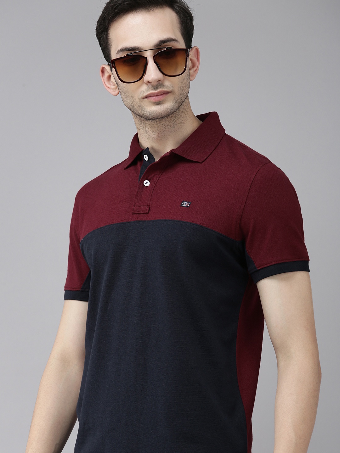 

Arrow Sport Men Blue & Maroon Colourblocked Polo Collar T-shirt
