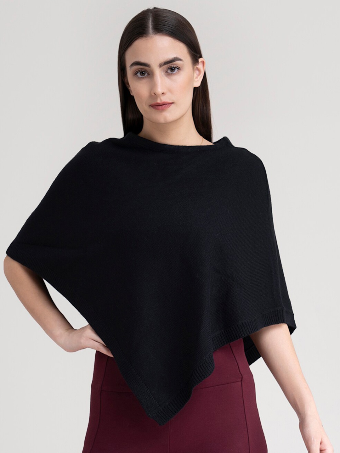 

FableStreet Women Black Boat Neck Acrylic Knit Poncho