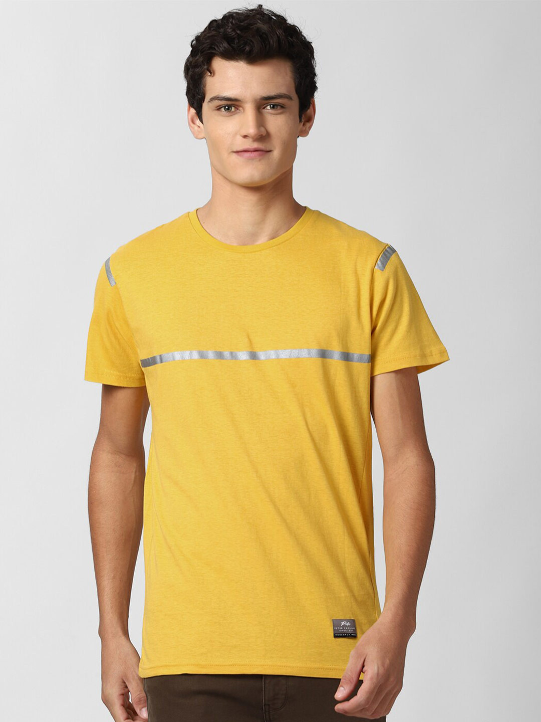 

Peter England Casuals Men Yellow Striped Slim Fit Pure Cotton T-shirt