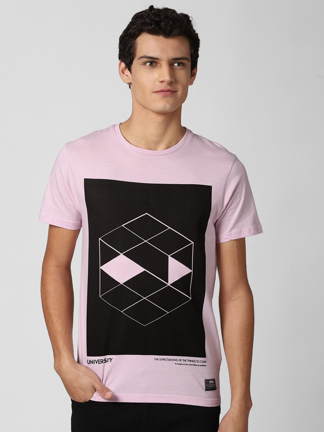 

Peter England Casuals Men Pink & Black Printed Slim Fit Pure Cotton T-shirt