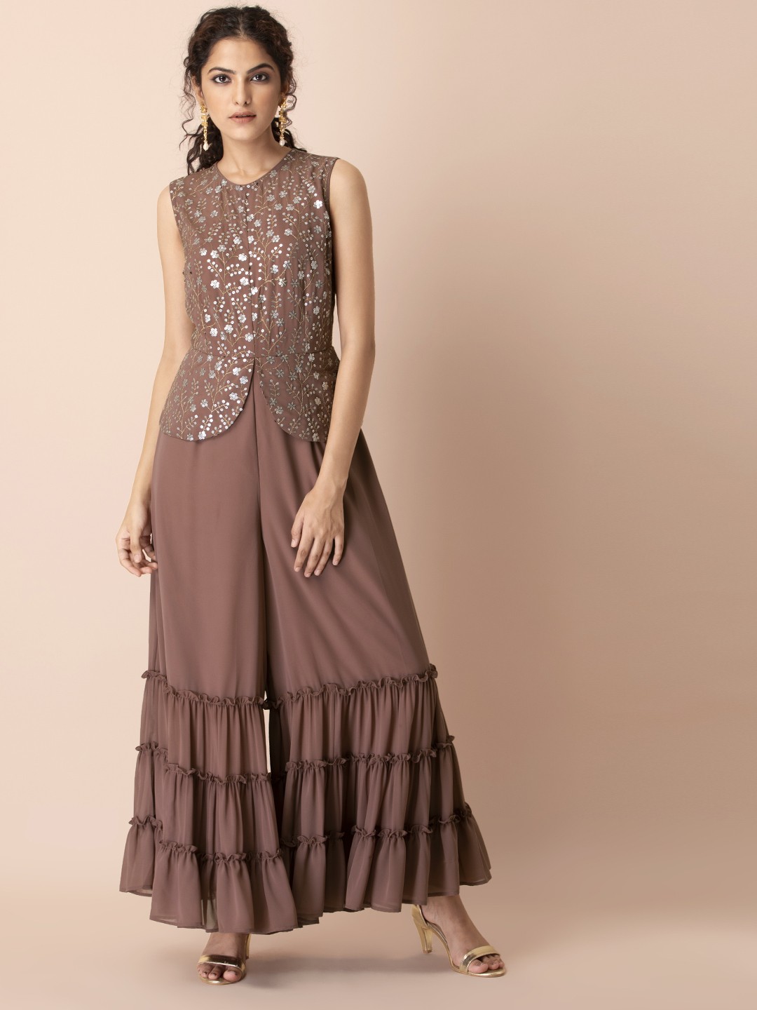 

INDYA for Shraddha Kapoor Beige Floral Embroidered Peplum Tiered Basic Jumpsuit