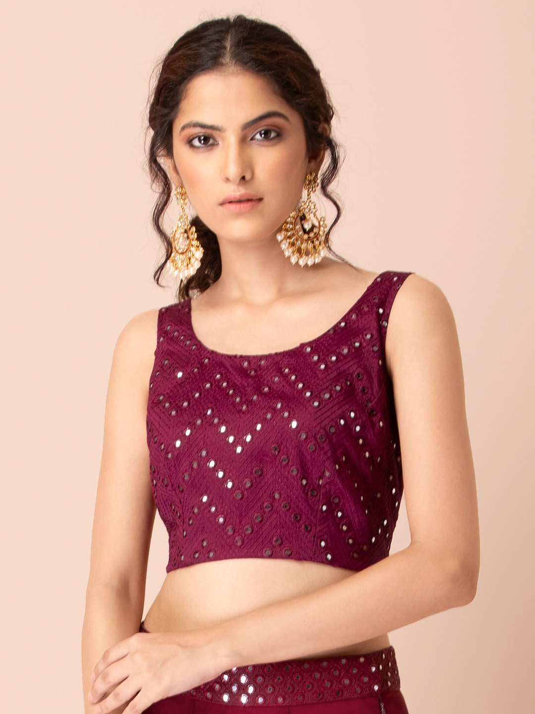 

INDYA Shraddha Kapoor Purple & Anemone Embellished Regular Crop Top