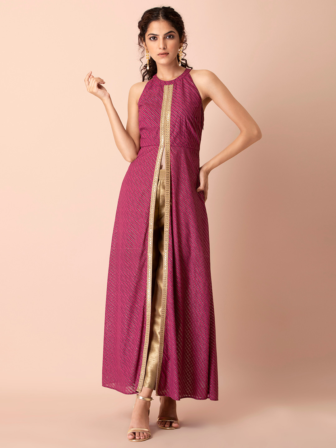

INDYA Shraddha Kapoor Women Purple Geometric Keyhole Neck Georgette Anarkali Kurta