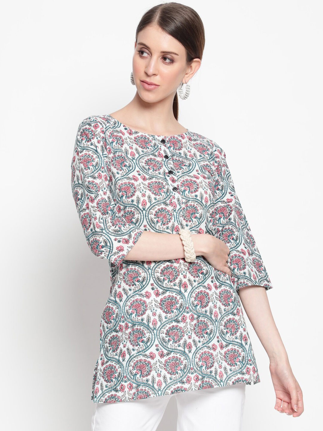 

THE NKS PLUS Grey Floral Printed Cotton Longline Top