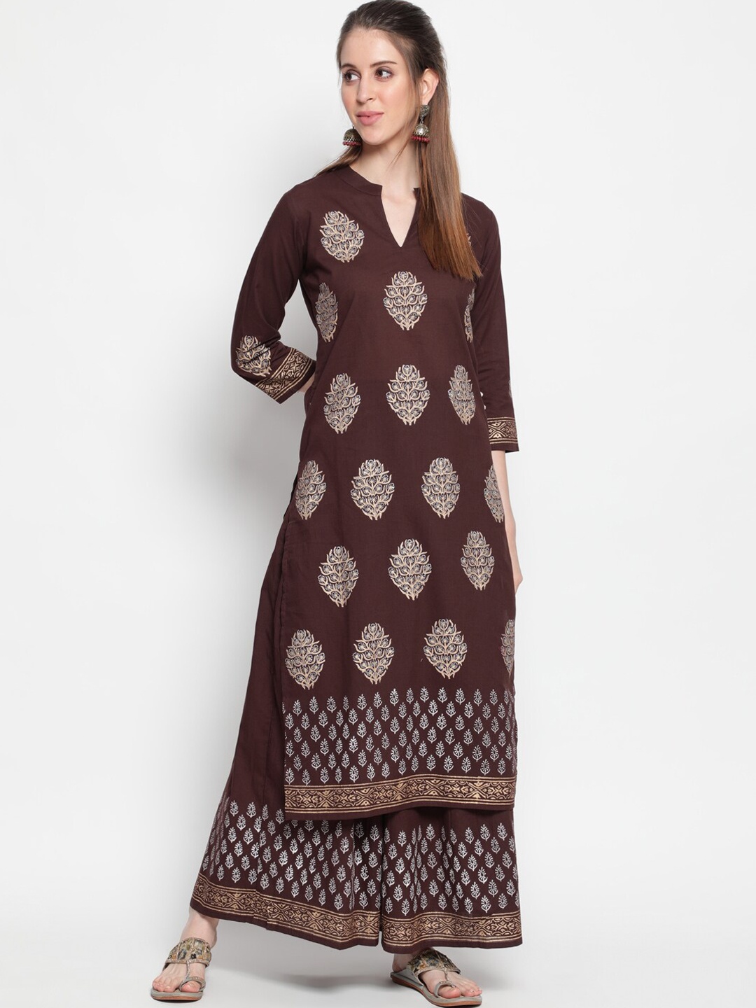 

THE NKS PLUS Coffee Brown Ethnic Motifs Printed Pure Cotton Kurta with Skirt
