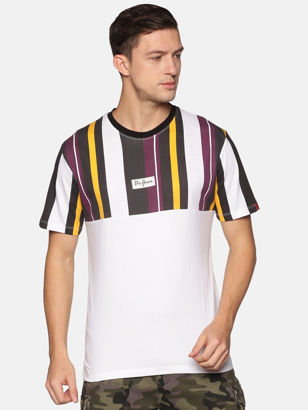 

UrGear Men White & Yellow Striped T-shirt