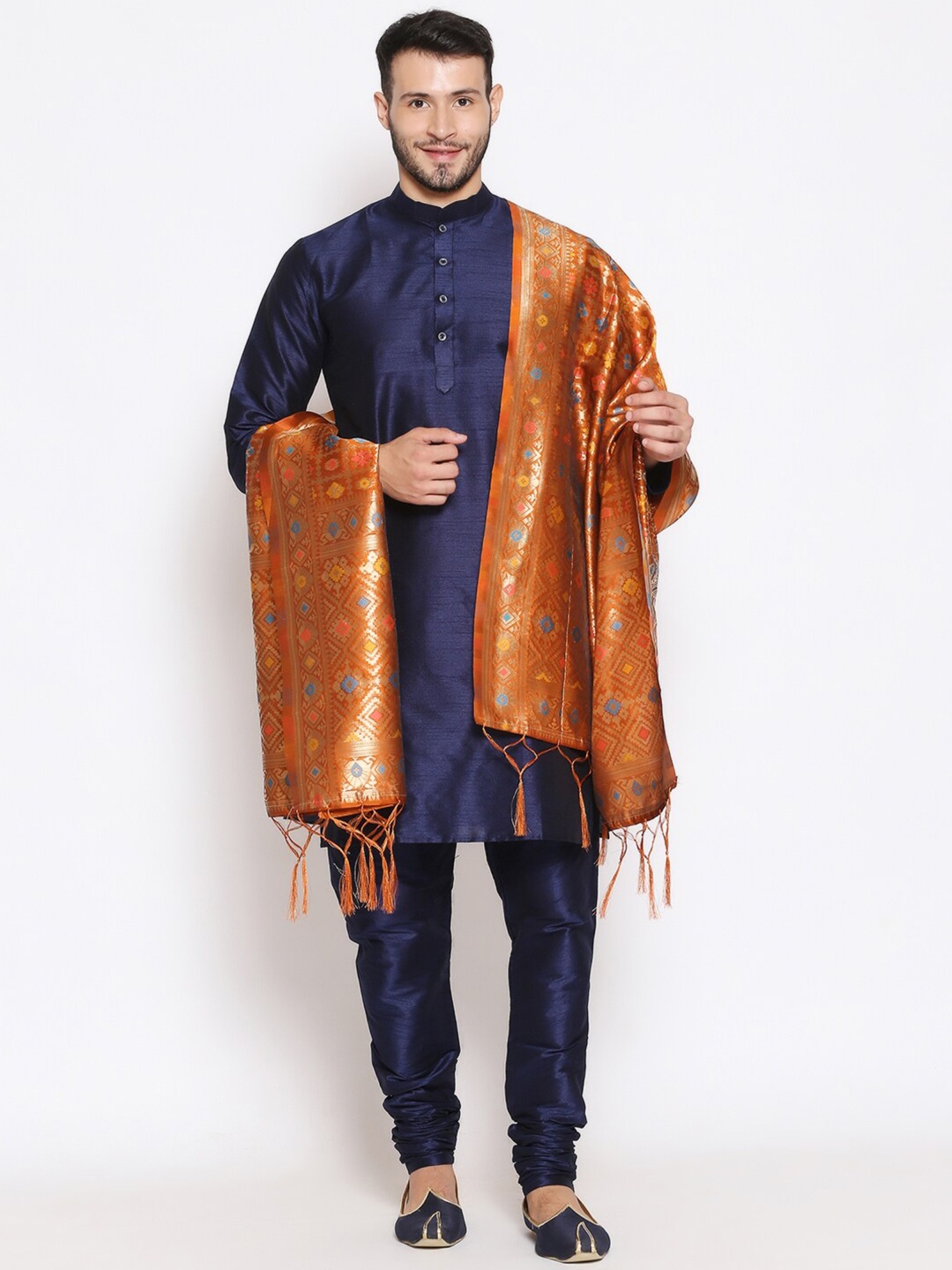 

Dupatta Bazaar Men Rust & Blue Ethnic Motifs Woven Design Banarasi Silk Dupatta with Zari