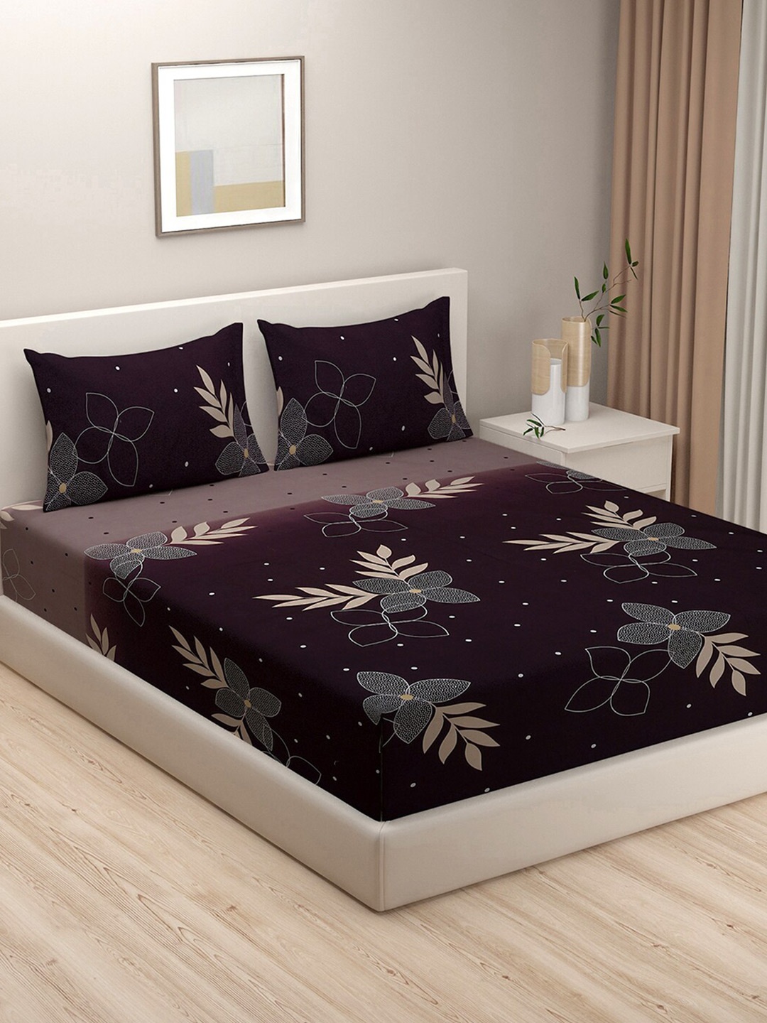 

SWAYAM Brown & Grey Floral King Bedsheet with 2 Pillow Covers