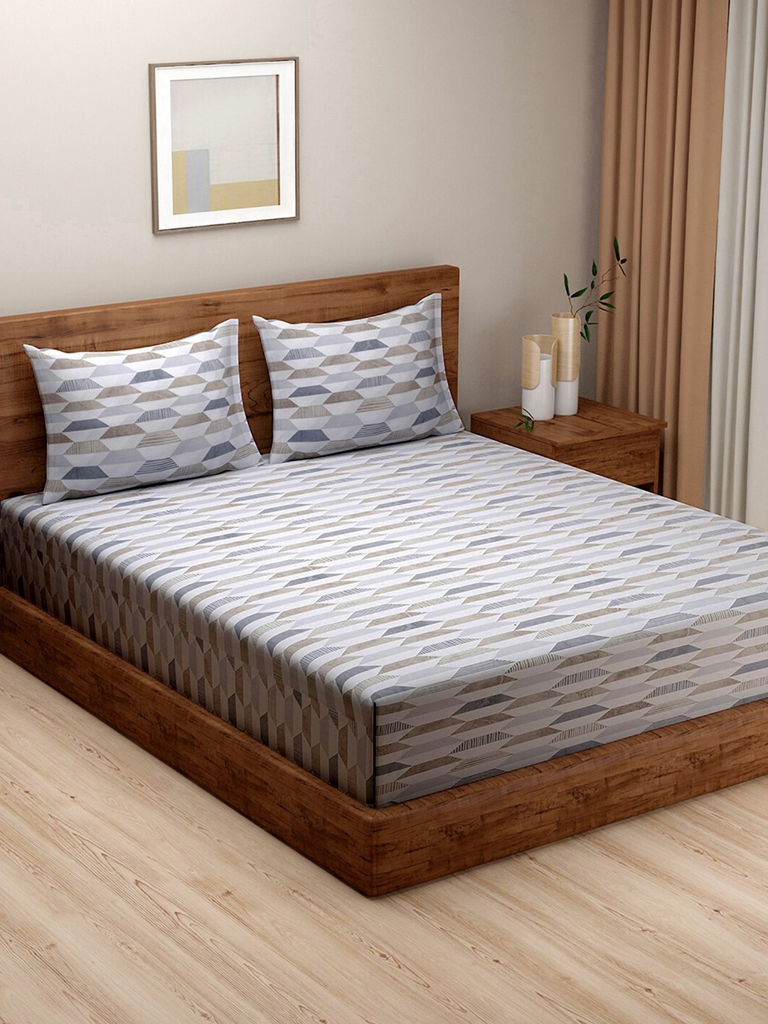 

SWAYAM White & Grey Geometric 240 TC King Bedsheet with 2 Pillow Covers