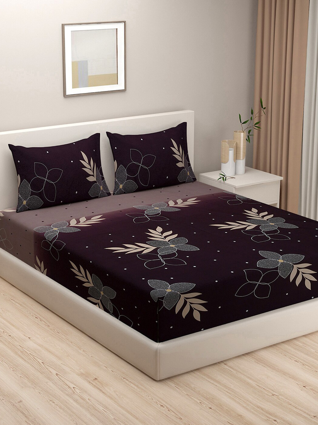 

SWAYAM Brown & Burgundy Floral King Bedsheet with 2 Pillow Covers