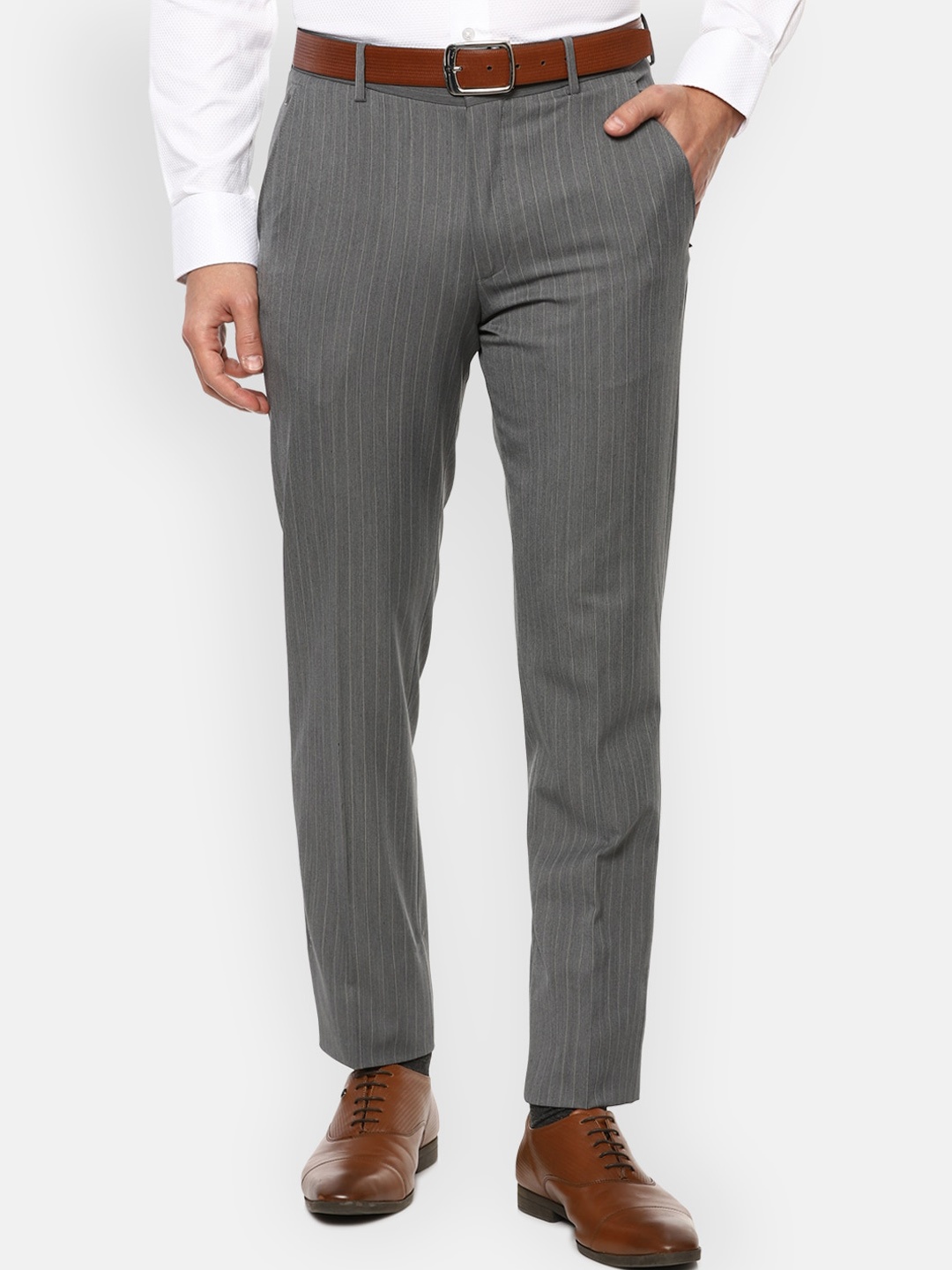 

Louis Philippe Permapress Men Grey Striped Slim Fit Formal Trousers
