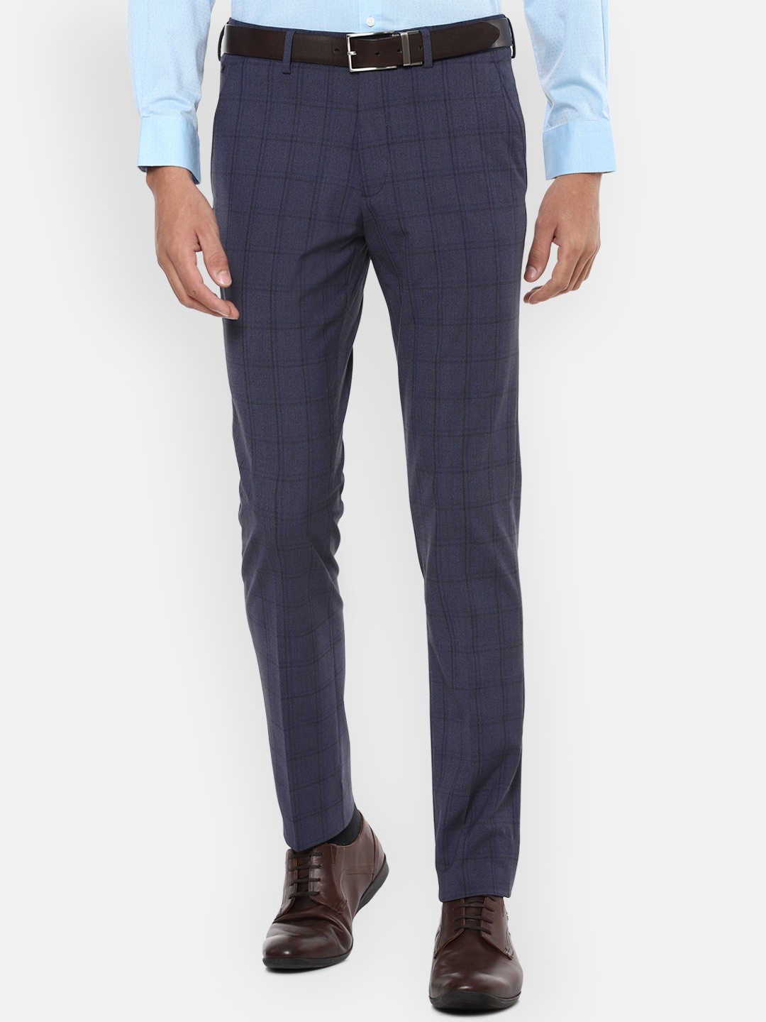 

Louis Philippe Men Navy Blue Slim Fit Checked Formal Trousers
