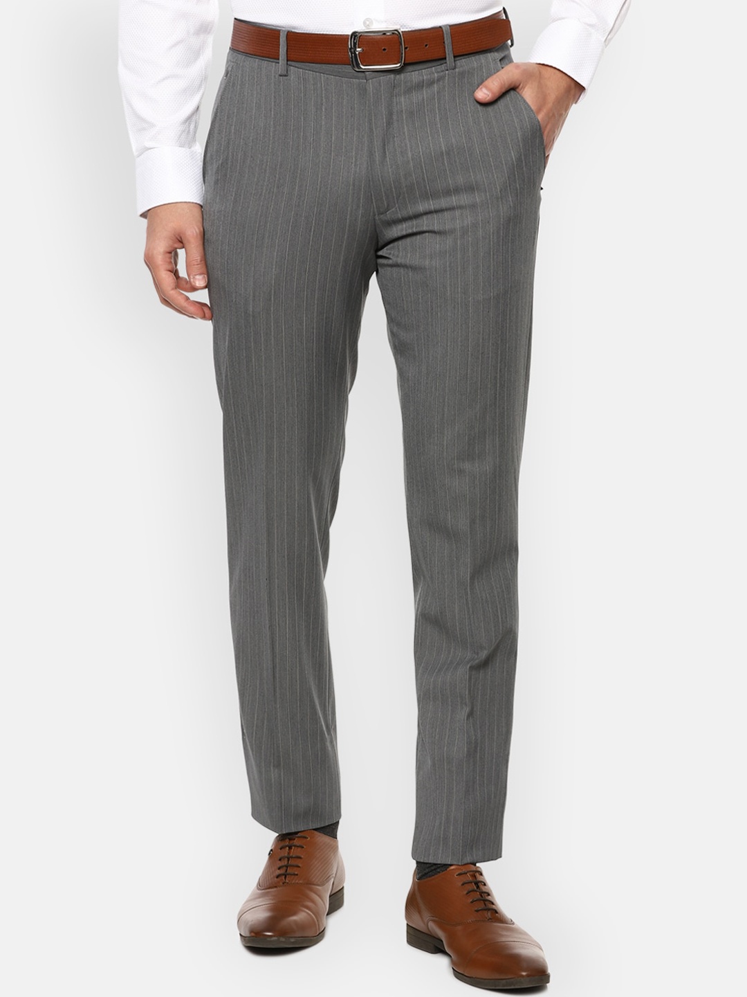 

Louis Philippe Men Grey Striped Slim Fit Formal Trousers