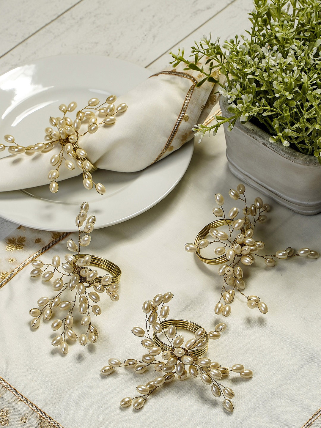 

Pure Home and Living Set of 4 Gold-Toned Boho Pearl Napkin Rings