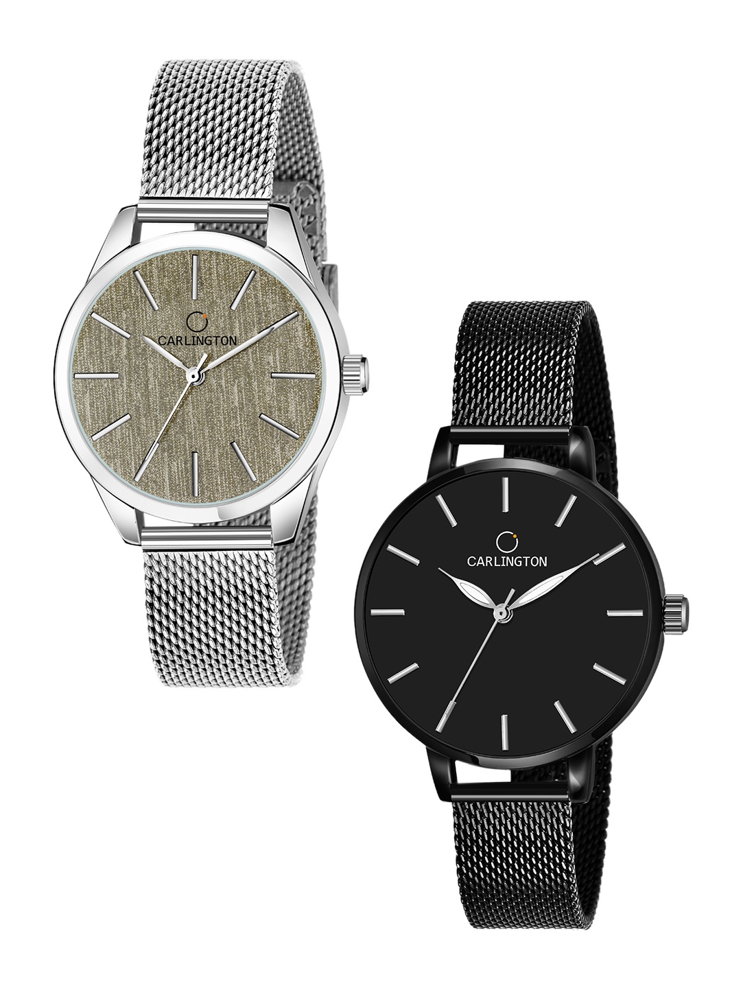 

CARLINGTON Women Silver & Black Set Of 2 Stainless Steel Bracelet Style Analogue Watch, Multi