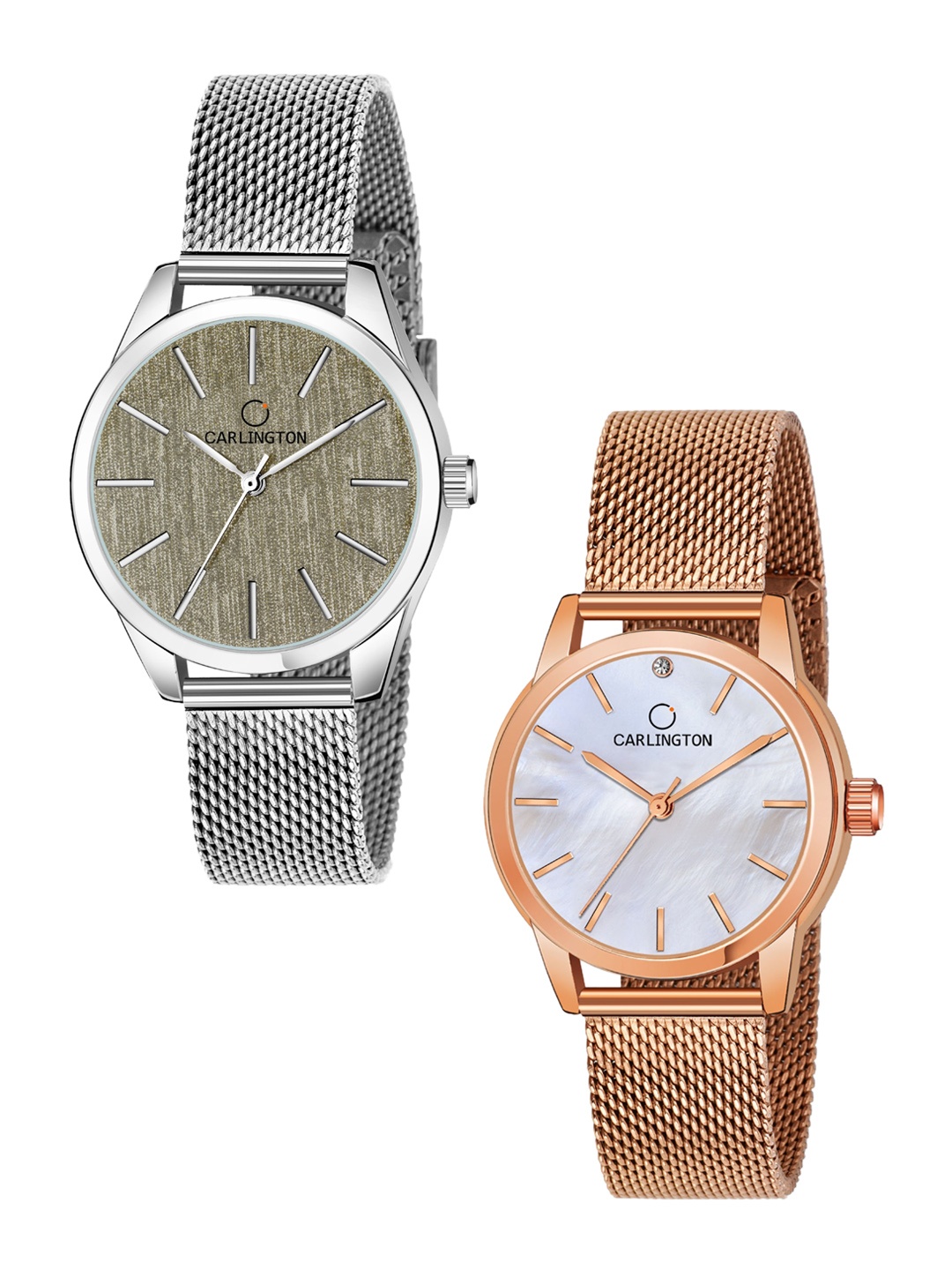 

CARLINGTON Women Set of 2 Silver Toned & Rose-Gold Toned Analogue Watches CT2001 CT2010